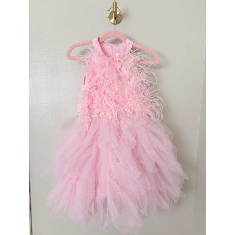 Lola + The Boys Tulle Feather Dress Kids Size 8 Pink Rhinestone Halter Party